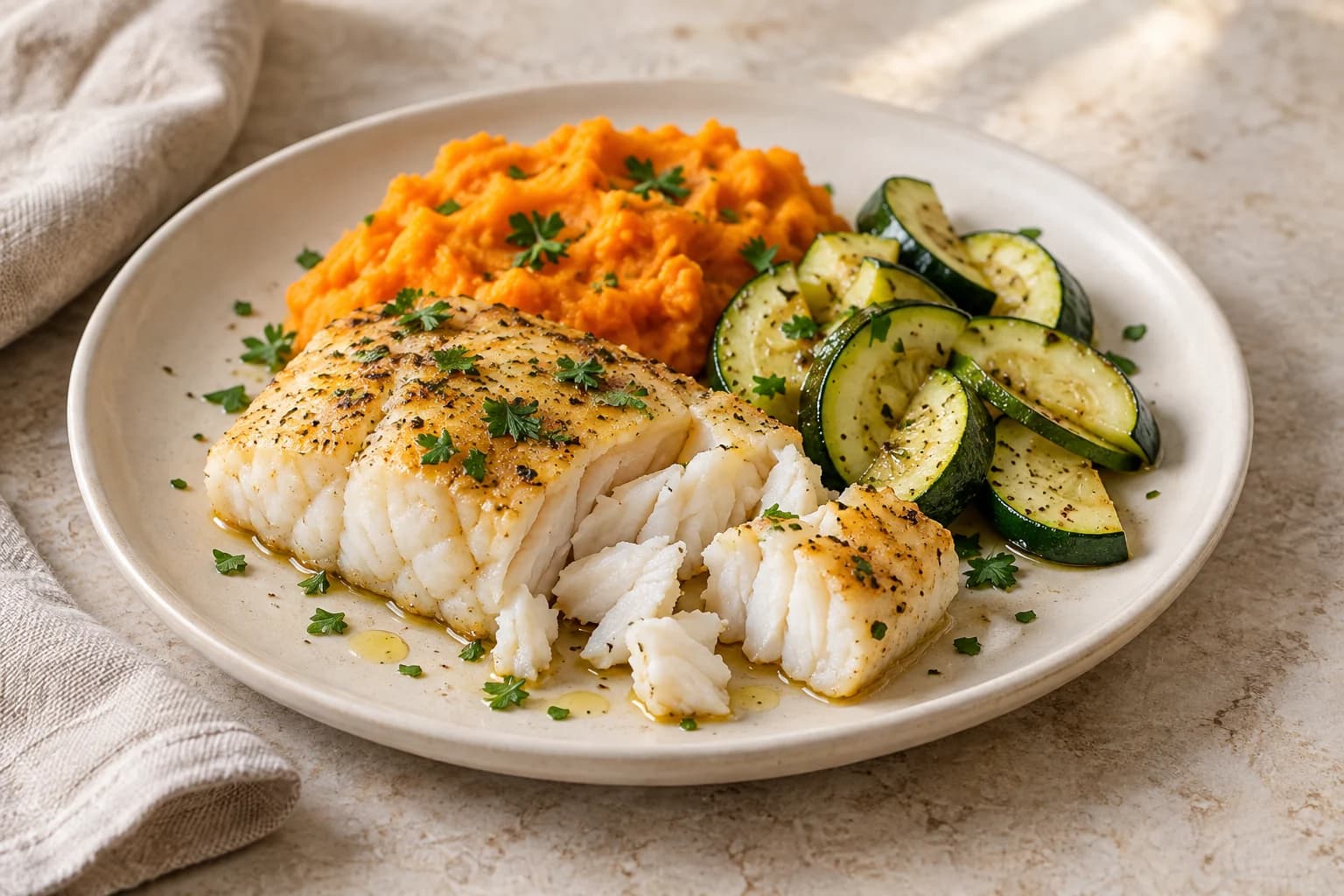 Herb-baked cod with sweet-potato mash