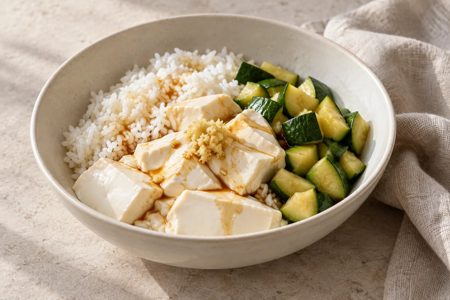 Silken tofu with warm rice and courgette