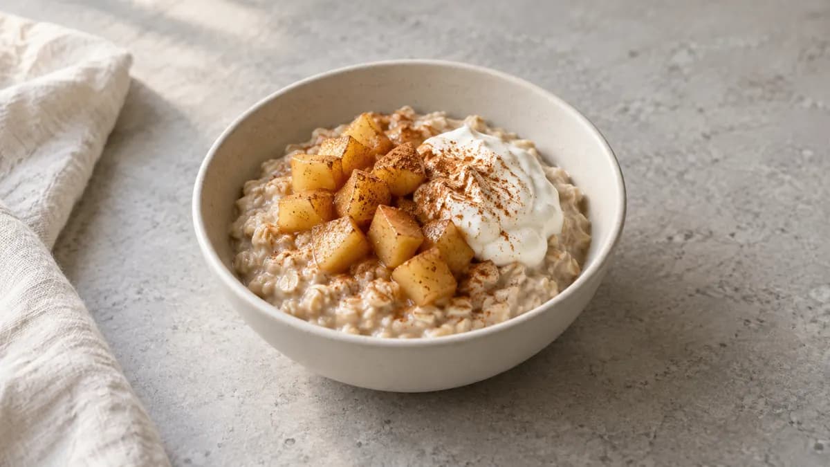 Apple cinnamon yogurt oats served in a small portion on pale stone