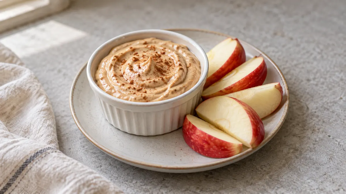 Apple slices with peanut yogurt dip served in a small portion on pale stone