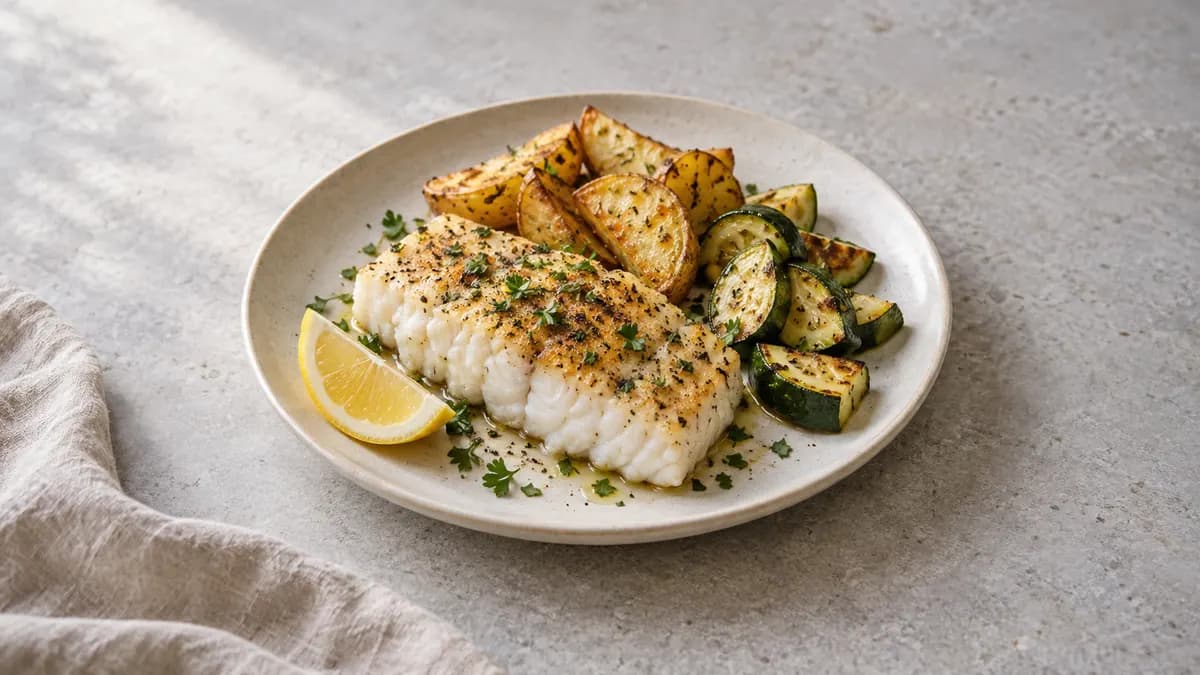 Baked cod with potatoes served in a small portion on pale stone