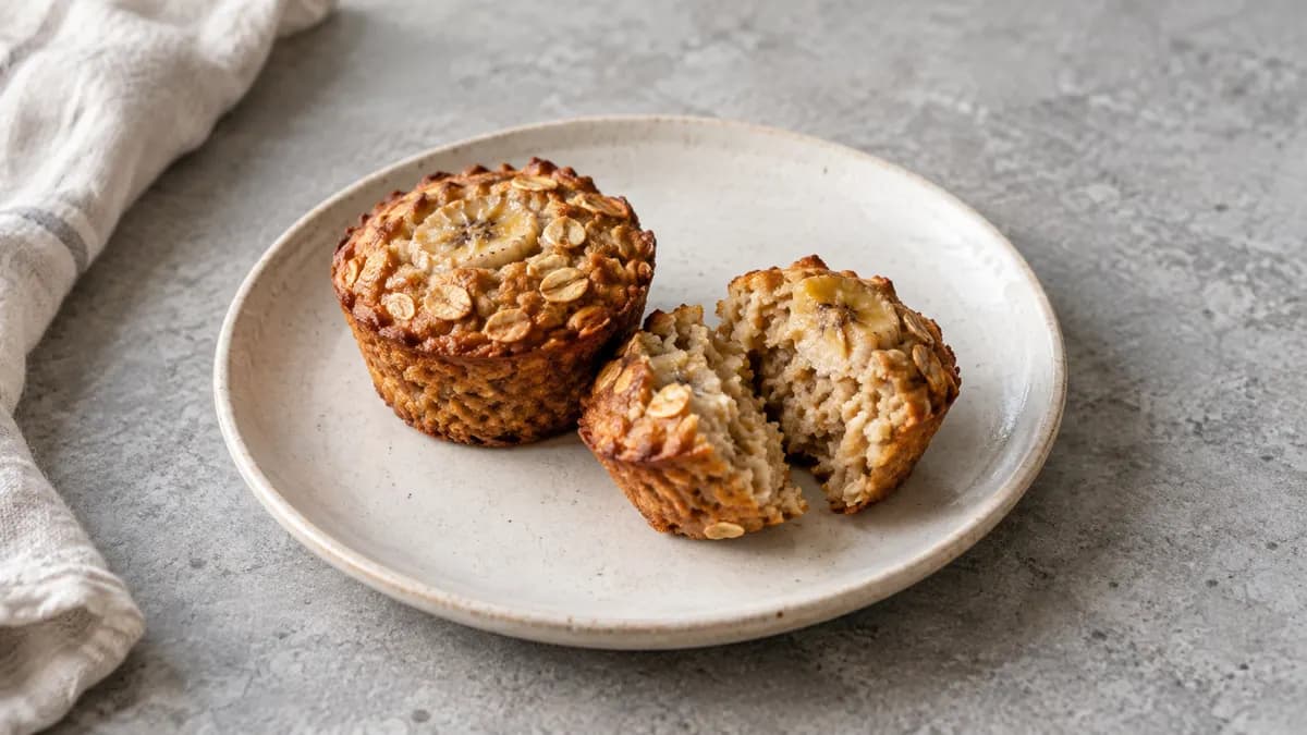 Banana baked oat cups served in a small portion on pale stone