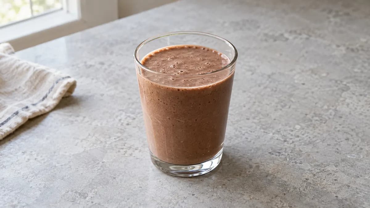 Banana cocoa peanut shake served in a small portion on pale stone