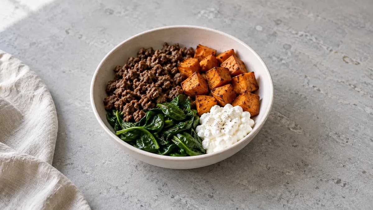 Beef and sweet potato bowl served in a small portion on pale stone
