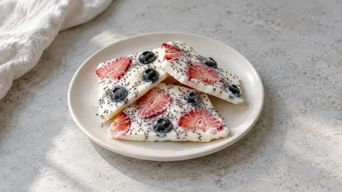 Berry yogurt bark served in a small portion on pale stone