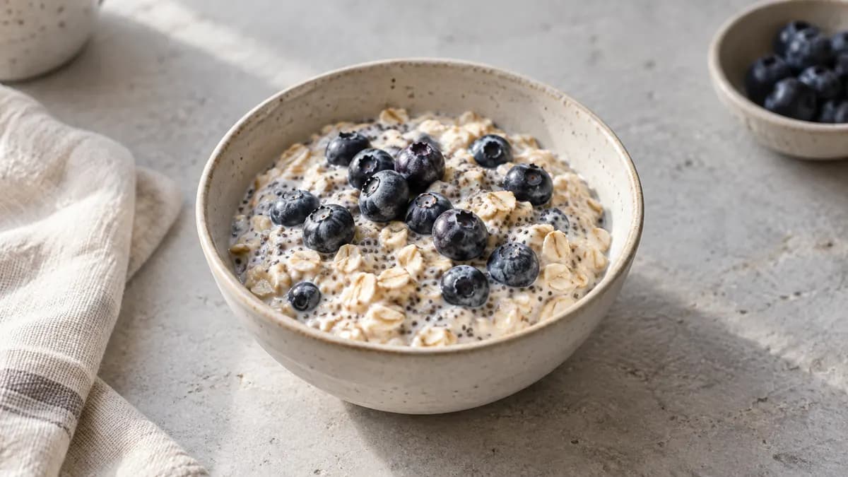 Blueberry overnight oats served in a small portion on pale stone
