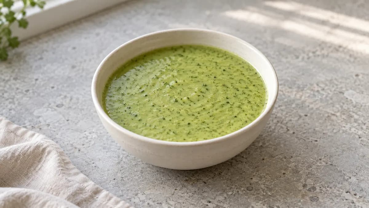 Broccoli cottage cheese soup served in a small portion on pale stone