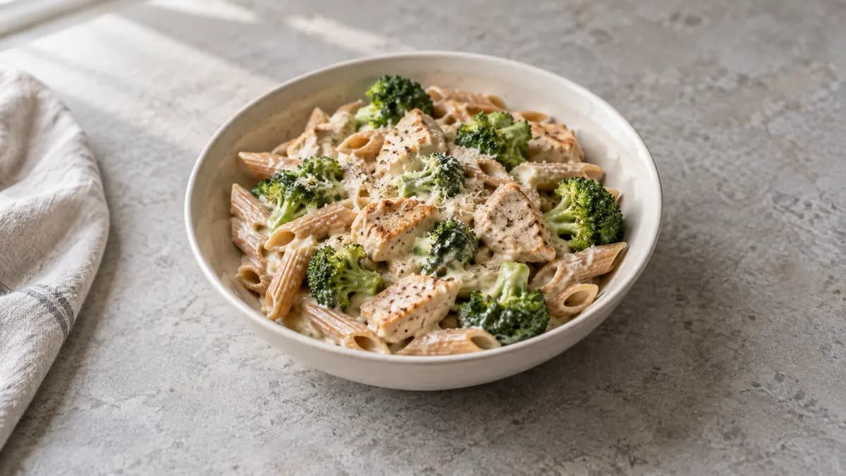 Chicken broccoli pasta served in a small portion on pale stone