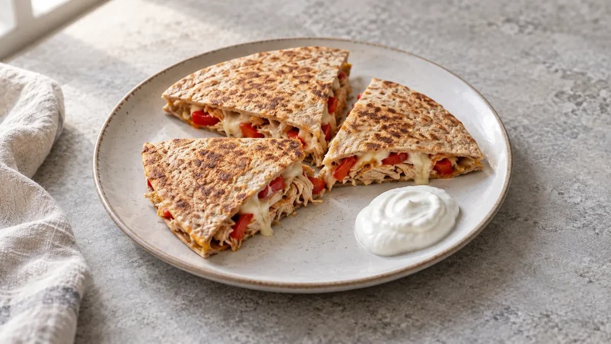 Chicken and pepper quesadilla served in a small portion on pale stone