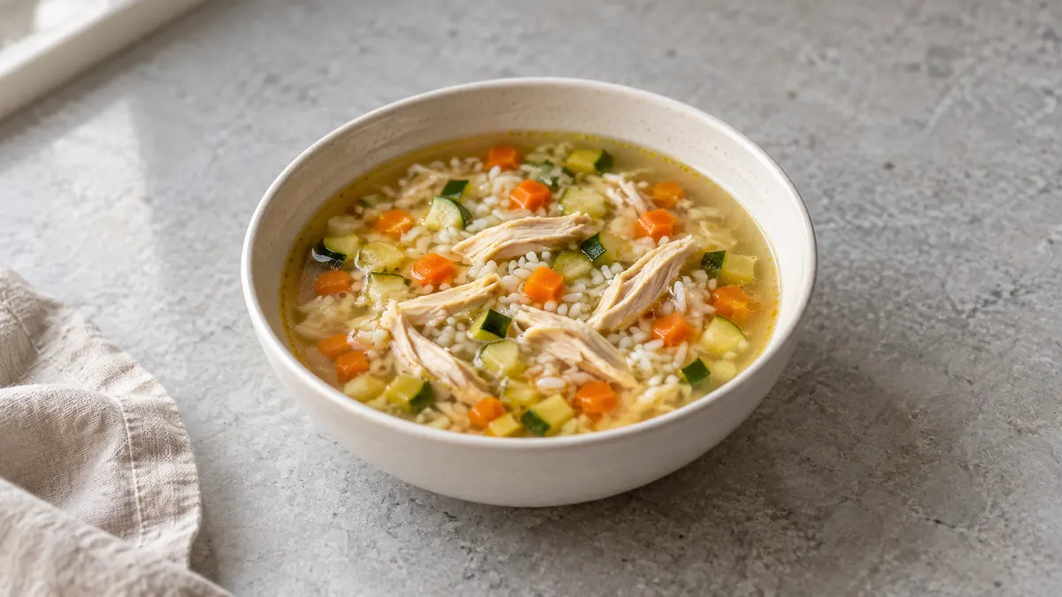 Chicken rice ginger soup served in a small portion on pale stone