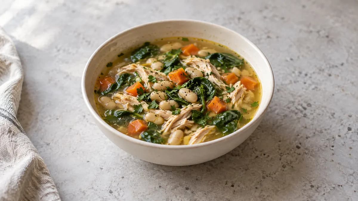 Chicken white bean soup served in a small portion on pale stone