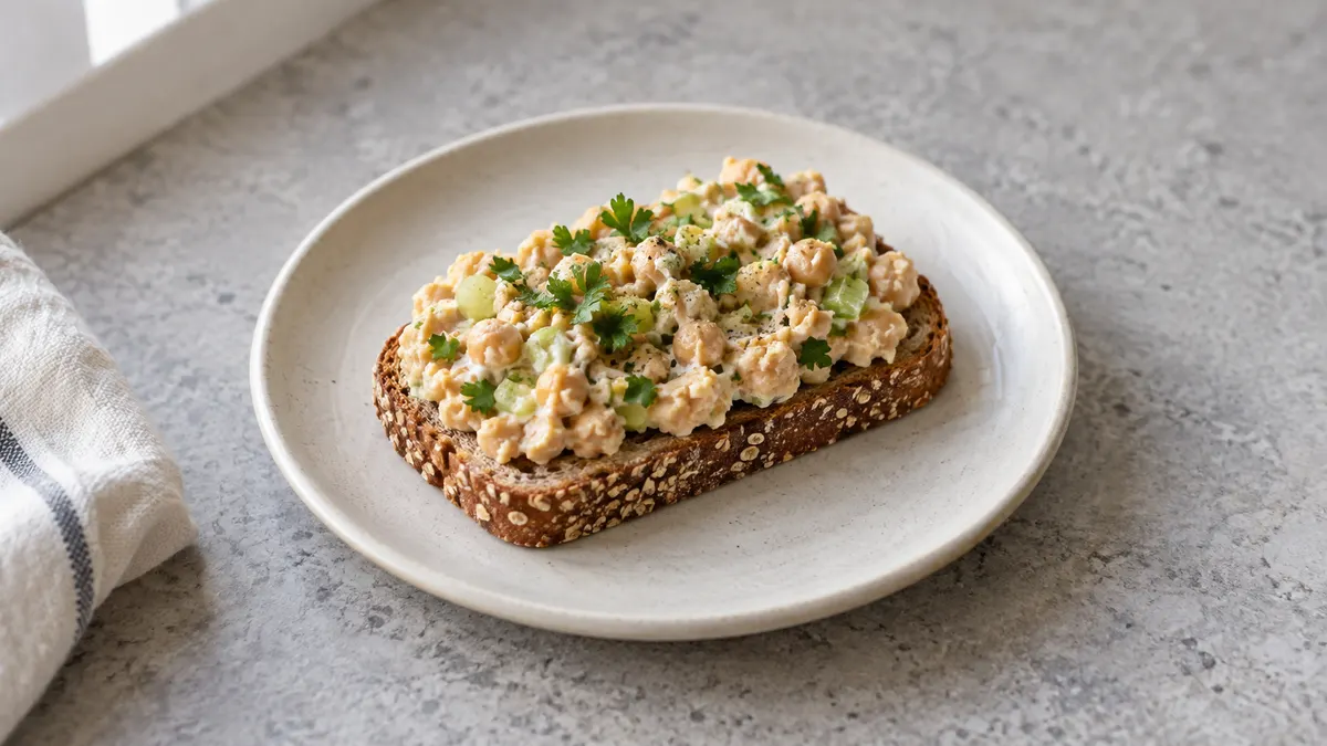 Chickpea yogurt toast served in a small portion on pale stone