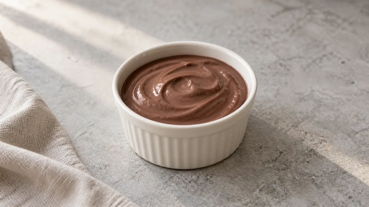 Chocolate yogurt pot served in a small portion on pale stone
