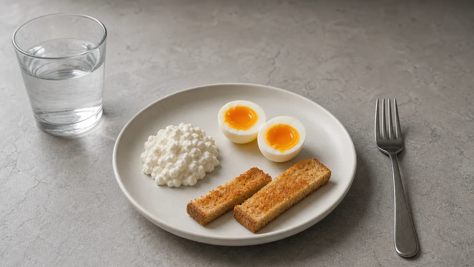 Small plate with cottage cheese, one soft-boiled egg halved, and toast soldiers on grey stone