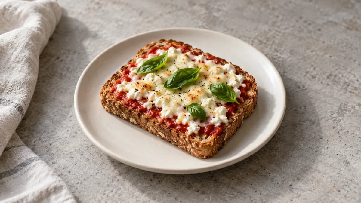 Cottage cheese pizza toast served in a small portion on pale stone