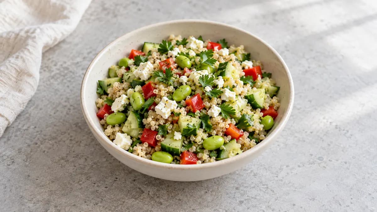 Edamame quinoa bowl served in a small portion on pale stone