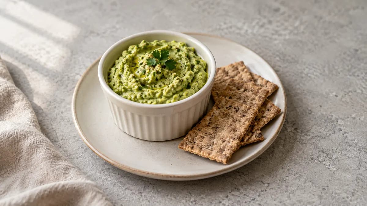 Edamame smash and crackers served in a small portion on pale stone