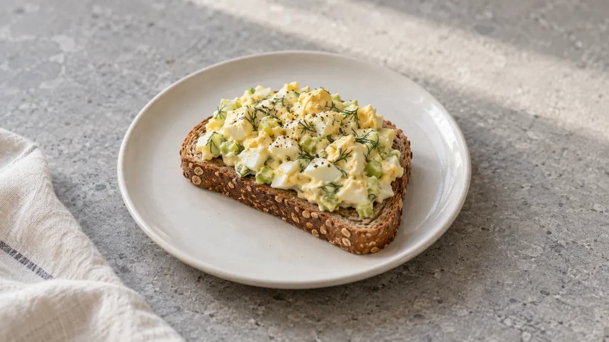 Egg salad toast served in a small portion on pale stone