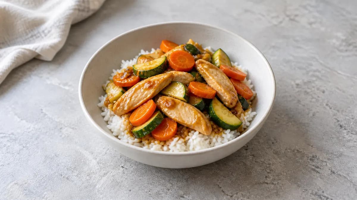 Ginger chicken and rice served in a small portion on pale stone