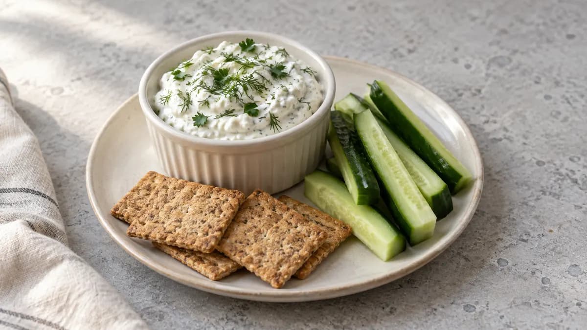 Herbed cottage cheese dip served in a small portion on pale stone