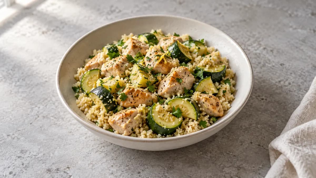 Lemon chicken couscous served in a small portion on pale stone