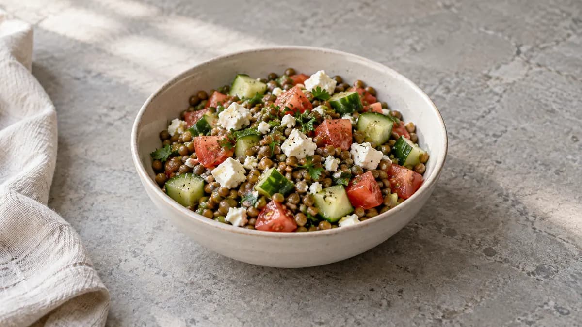 Lentil feta lunch bowl served in a small portion on pale stone