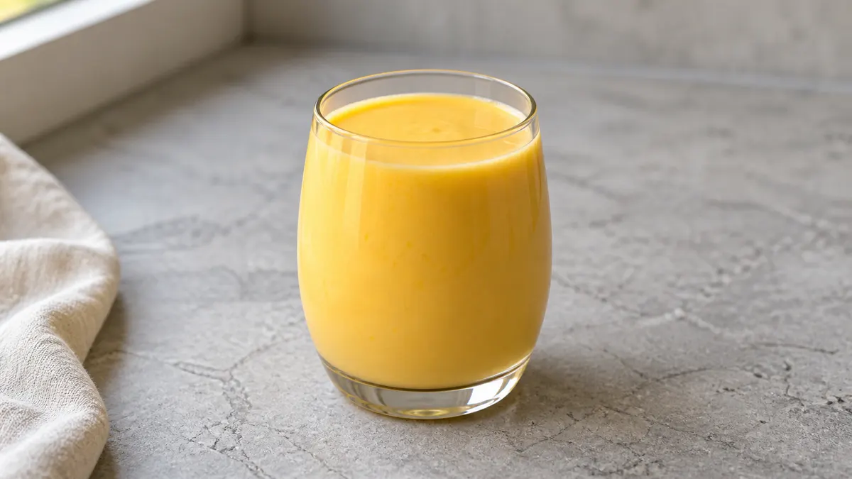 Mango yogurt lassi served in a small portion on pale stone