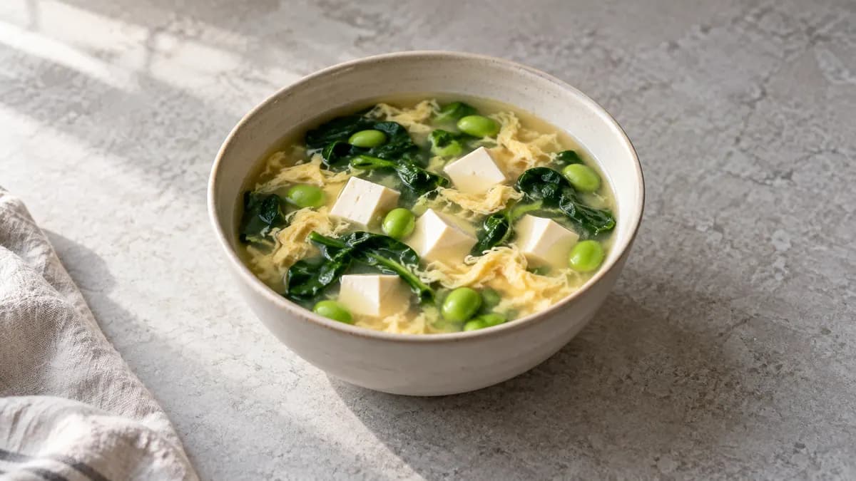 Miso tofu egg soup served in a small portion on pale stone