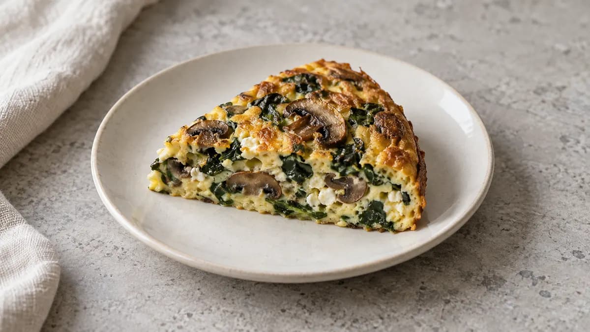 Mushroom spinach frittata served in a small portion on pale stone