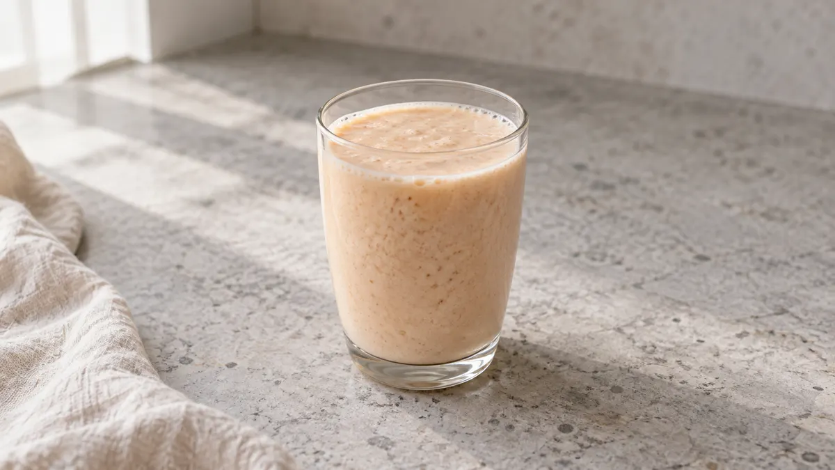 Peach kefir oat smoothie served in a small portion on pale stone