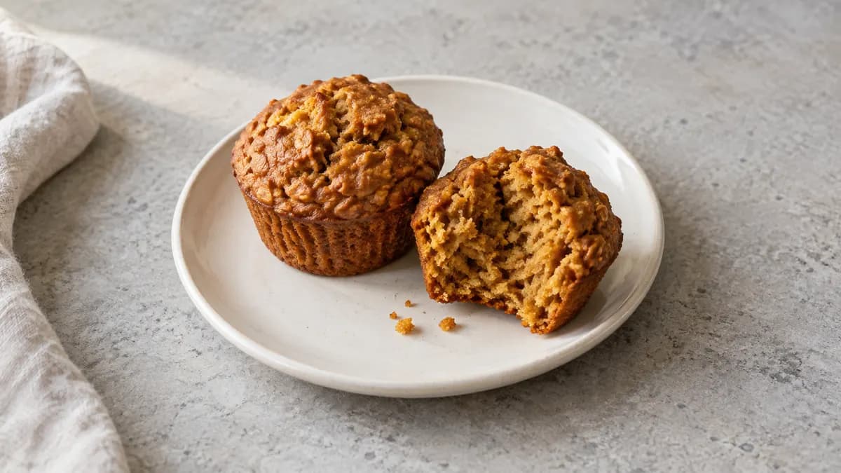 Pumpkin oat muffins served in a small portion on pale stone