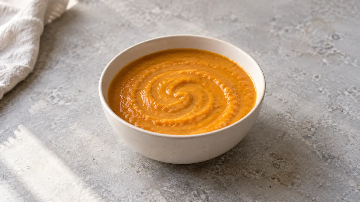 Red lentil carrot soup served in a small portion on pale stone