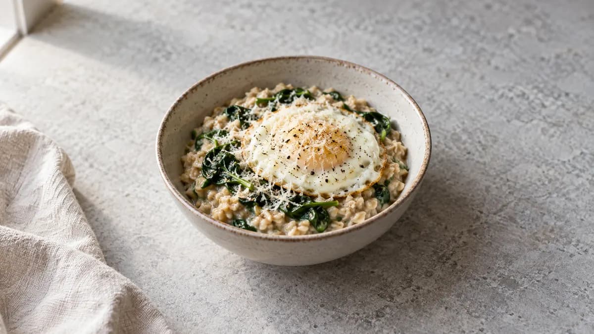 Savory egg and spinach oats served in a small portion on pale stone