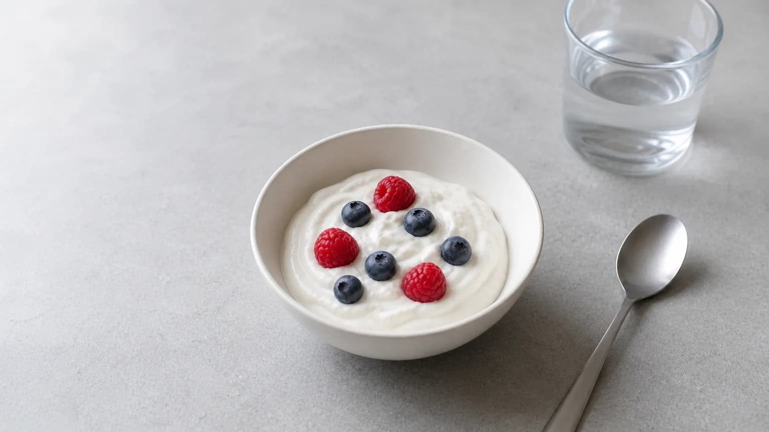 Small bowl of Greek yogurt stirred with whey, topped with a few berries, on matte grey stone