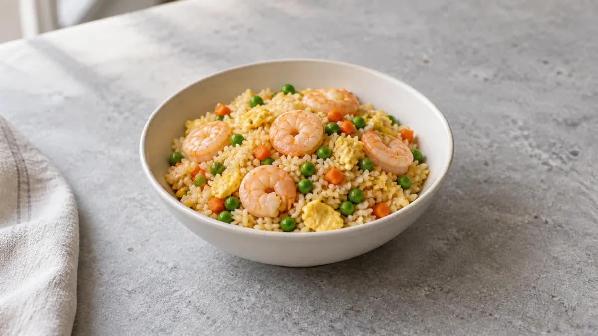 Shrimp and pea fried rice served in a small portion on pale stone