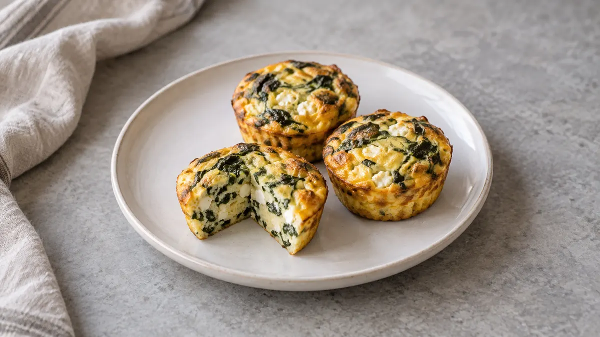 Spinach cottage cheese egg bites served in a small portion on pale stone