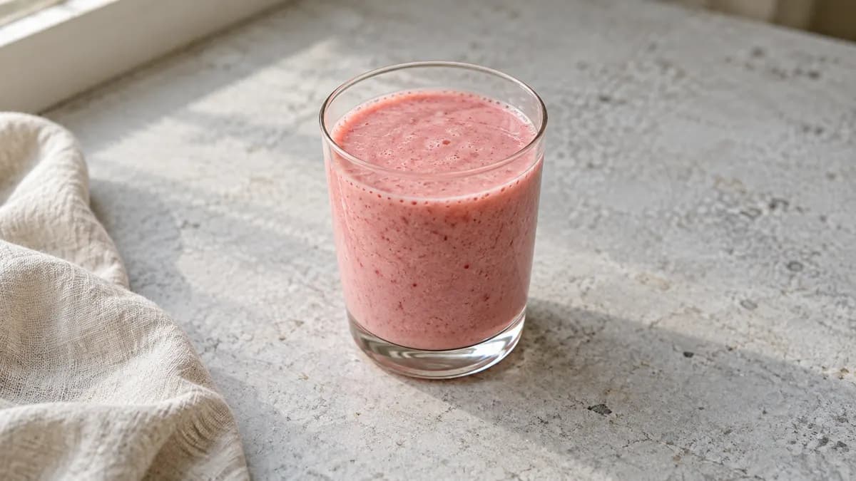 Strawberry tofu smoothie served in a small portion on pale stone