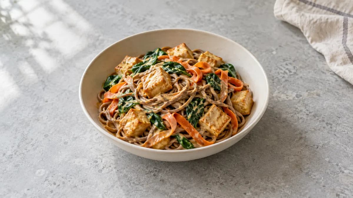 Tofu peanut soba noodles served in a small portion on pale stone