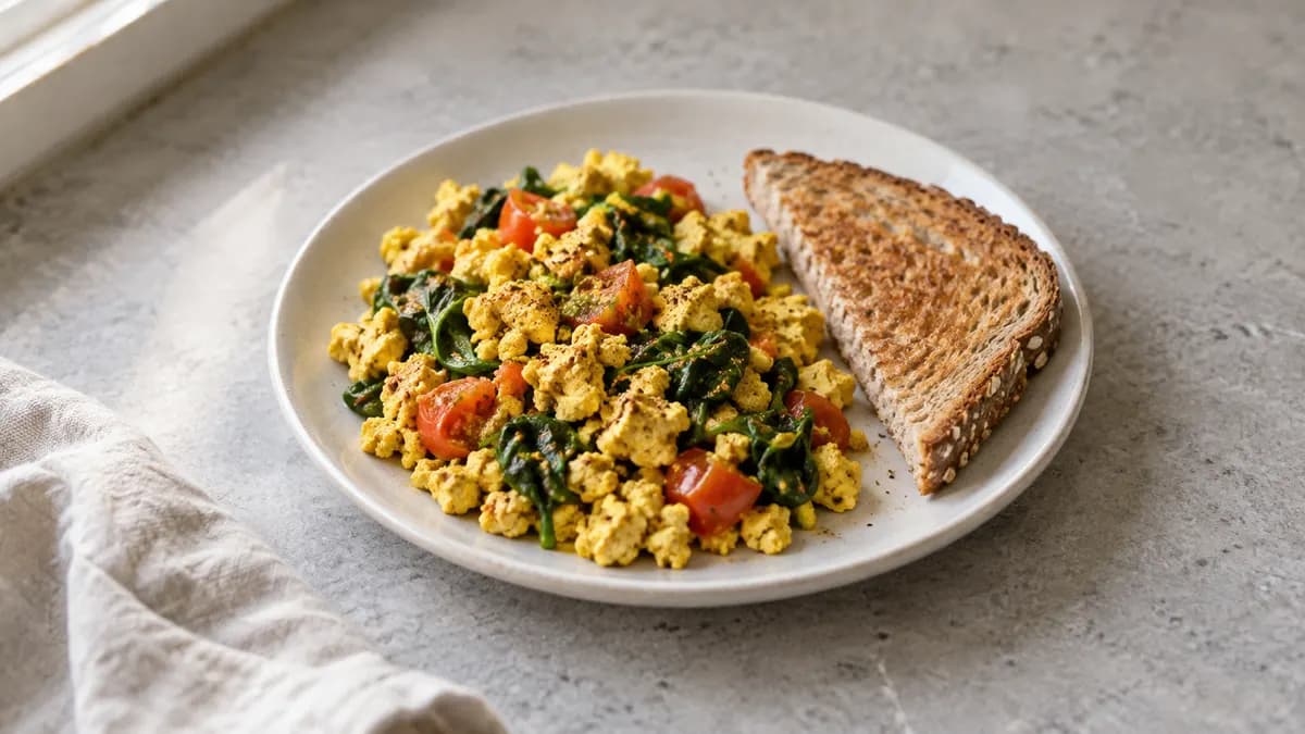 Tofu scramble on toast served in a small portion on pale stone