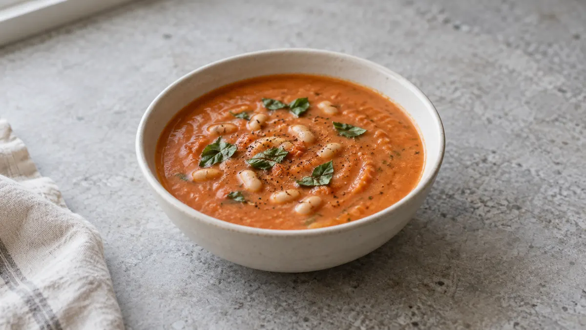 Tomato white bean soup served in a small portion on pale stone