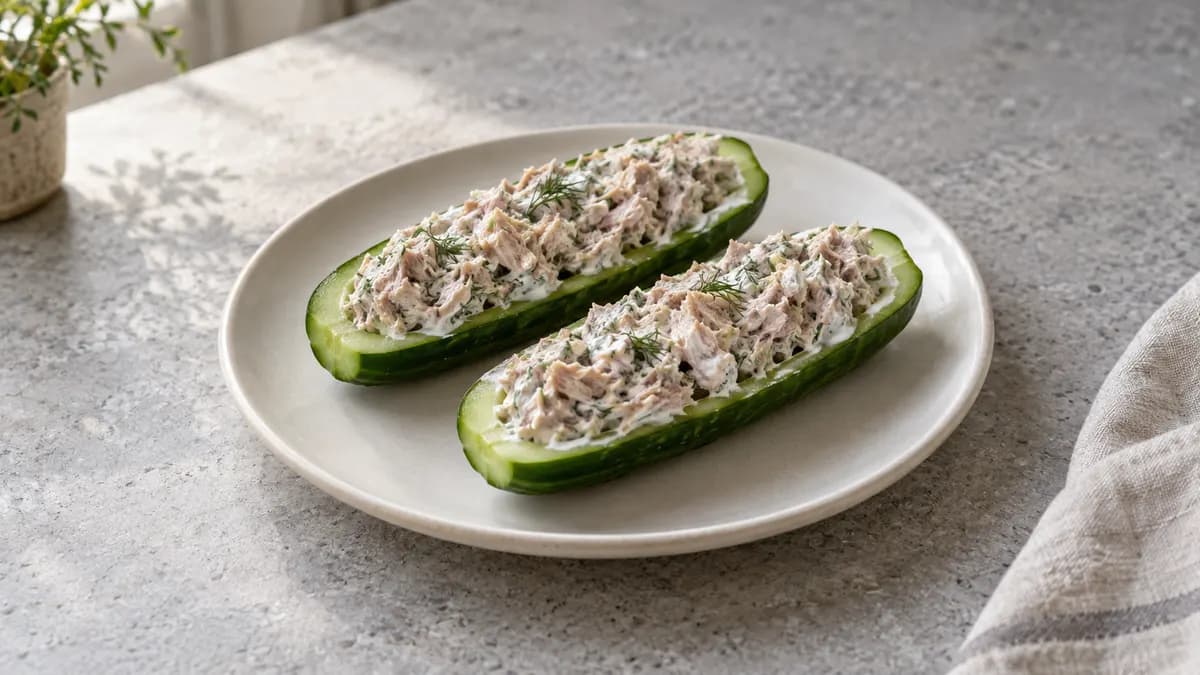 Tuna cucumber boats served in a small portion on pale stone
