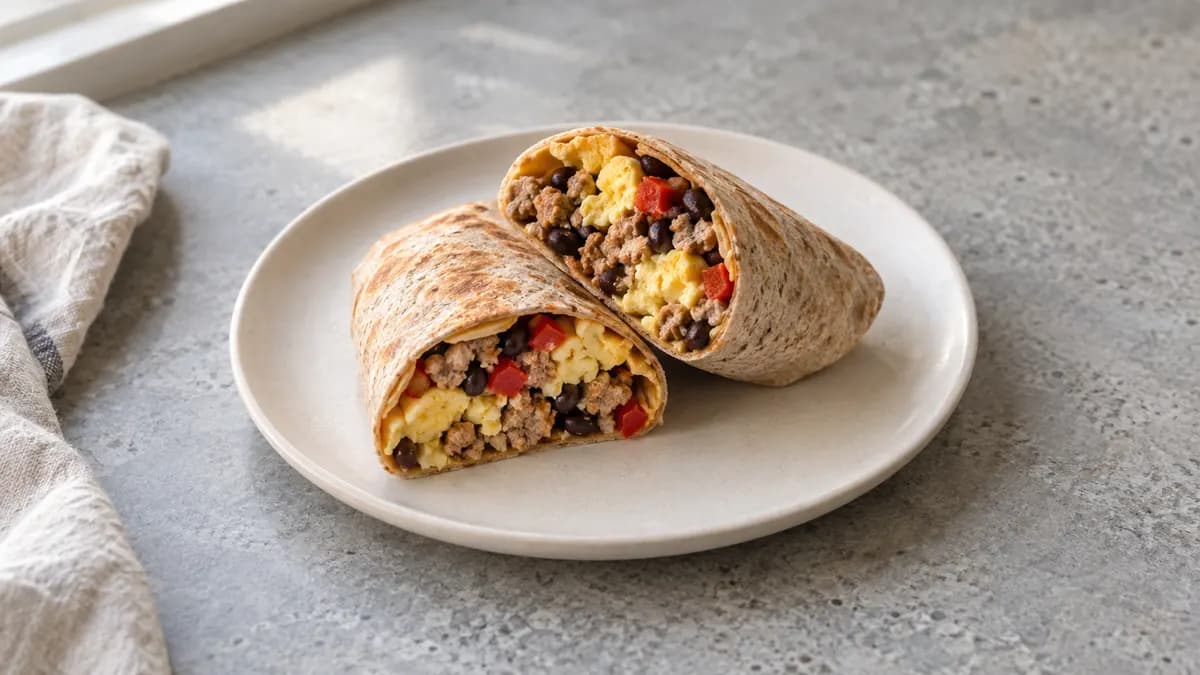 Turkey breakfast burritos served in a small portion on pale stone