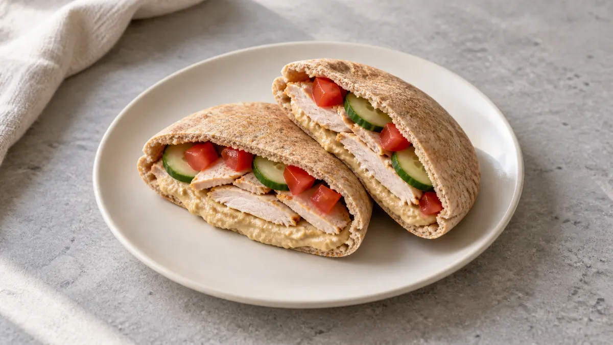 Turkey hummus pita served in a small portion on pale stone