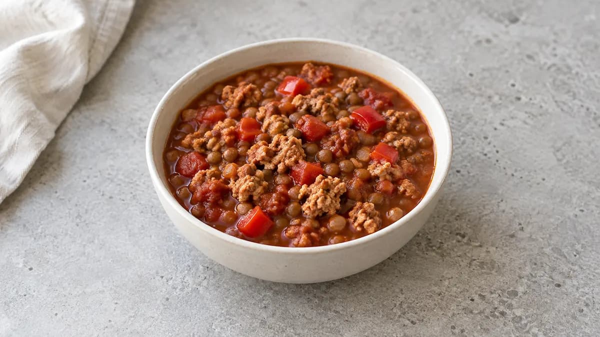 Turkey lentil chili served in a small portion on pale stone