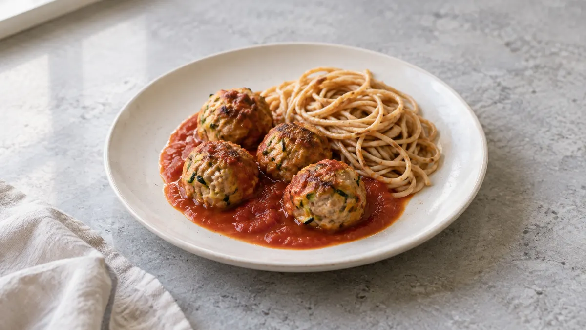 Turkey zucchini meatballs served in a small portion on pale stone