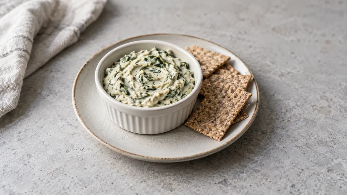White bean spinach dip served in a small portion on pale stone
