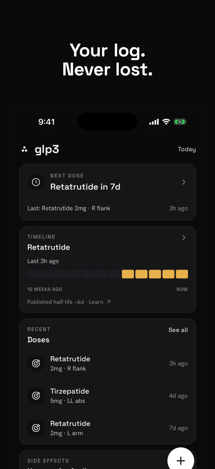 glp3 Today screen — your dose log, never lost