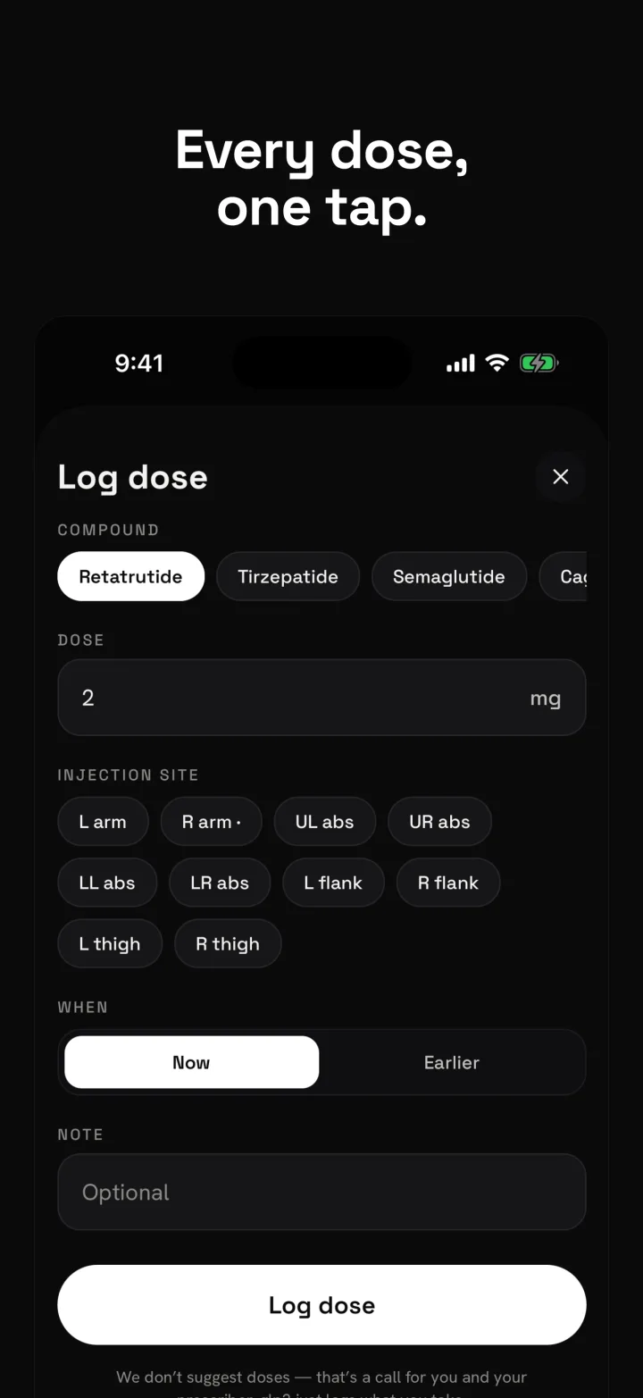 glp3 log screen — log a dose in one tap